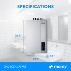 Marey 14L Direct Vent Indoor Tankless Water Heater -camping shop GA14 SPECS 1